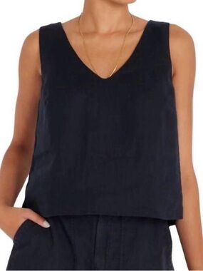 NOT MONDAY Julia Linen V-Neck Tank Top Size M Black Luxury Resortwear Lined